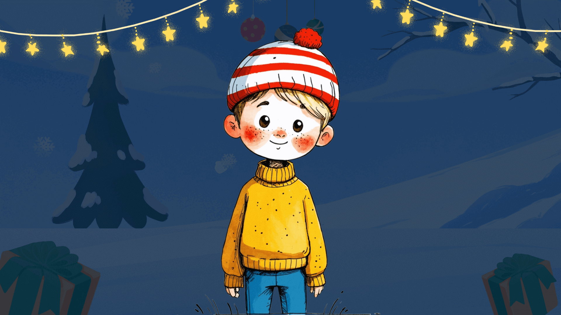 This festive illustration features a cheerful child standing outdoors in a snowy night scene. The child is dressed warmly in a yellow turtleneck sweater, blue jeans, and a red-and-white striped knit hat with a pom-pom. Their rosy cheeks and bright smile radiate warmth and holiday joy. The background includes a dark blue sky illuminated by glowing star-shaped string lights, a snow-covered tree, and scattered snowflakes. Wrapped presents with green bows are placed in the corners, adding to the magical holiday atmosphere.