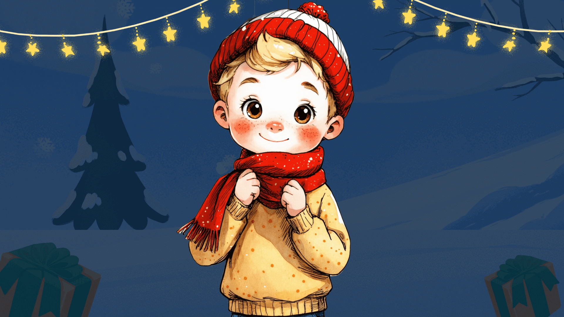 This heartwarming illustration shows a child dressed warmly for the winter season. The child wears a yellow sweater with orange speckles, a vibrant red scarf with white dots, and a red-and-white knit hat with a pom-pom. Their cheerful smile and rosy cheeks add to the festive atmosphere. The background features a deep blue night sky, glowing star-shaped string lights, a snow-covered tree, and wrapped gifts, creating a magical and cozy holiday setting.