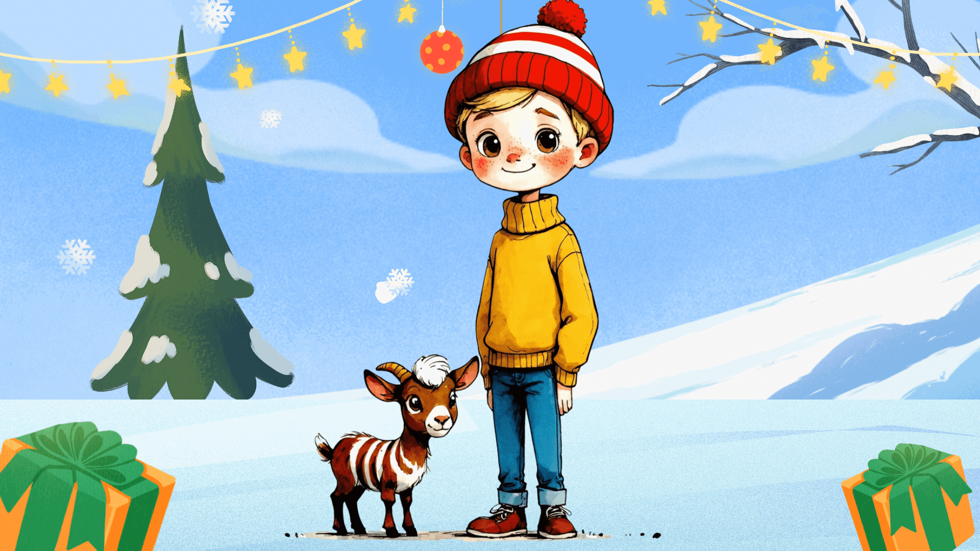 This delightful illustration features a child standing beside a small, cheerful goat in a snowy winter scene. The child is dressed in a yellow turtleneck sweater, blue jeans, brown boots, and a red-and-white knit hat with a pom-pom, exuding warmth and holiday spirit. The goat has a playful expression, with brown and white markings and tiny horns. The background includes a snow-covered tree, glowing star-shaped string lights, and falling snowflakes. Wrapped presents with green bows add a festive touch to the cozy and joyful atmosphere.