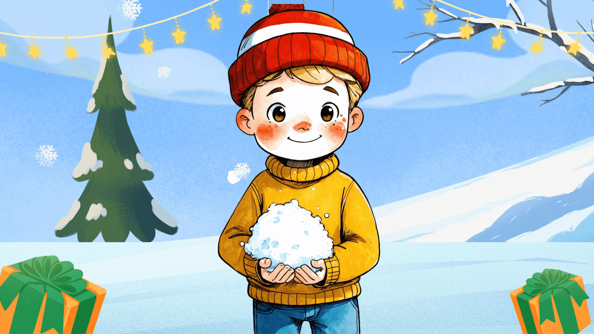 This illustration features a cheerful child holding a large snowball while standing in a snowy winter landscape. The child is dressed warmly in a yellow turtleneck sweater, blue pants, and a red-and-white striped knit hat with a pom-pom. The background showcases a snow-covered evergreen tree, glowing star-shaped string lights, softly falling snowflakes, and wrapped gifts with green bows, creating a festive and cozy holiday atmosphere.