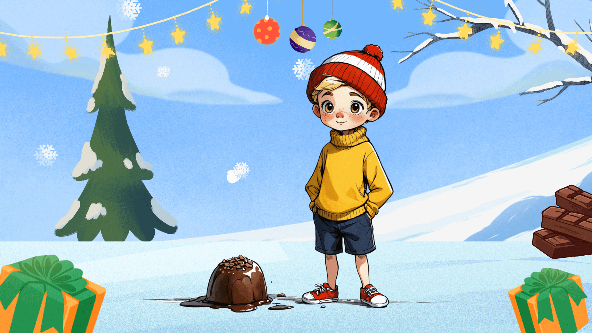 This festive illustration features a cheerful winter scene with a child standing in a snowy landscape. The child wears a yellow turtleneck sweater, navy shorts, red sneakers, and a red-and-white knit hat. At their feet is a gooey chocolate dessert topped with nuts, with a few chocolate bars stacked nearby. The background includes a snow-covered tree, decorative hanging ornaments, and glowing star-shaped string lights. Wrapped presents with green bows are placed in the foreground, adding a holiday touch to the cozy, sweet atmosphere. Snowflakes scattered throughout enhance the wintery charm.