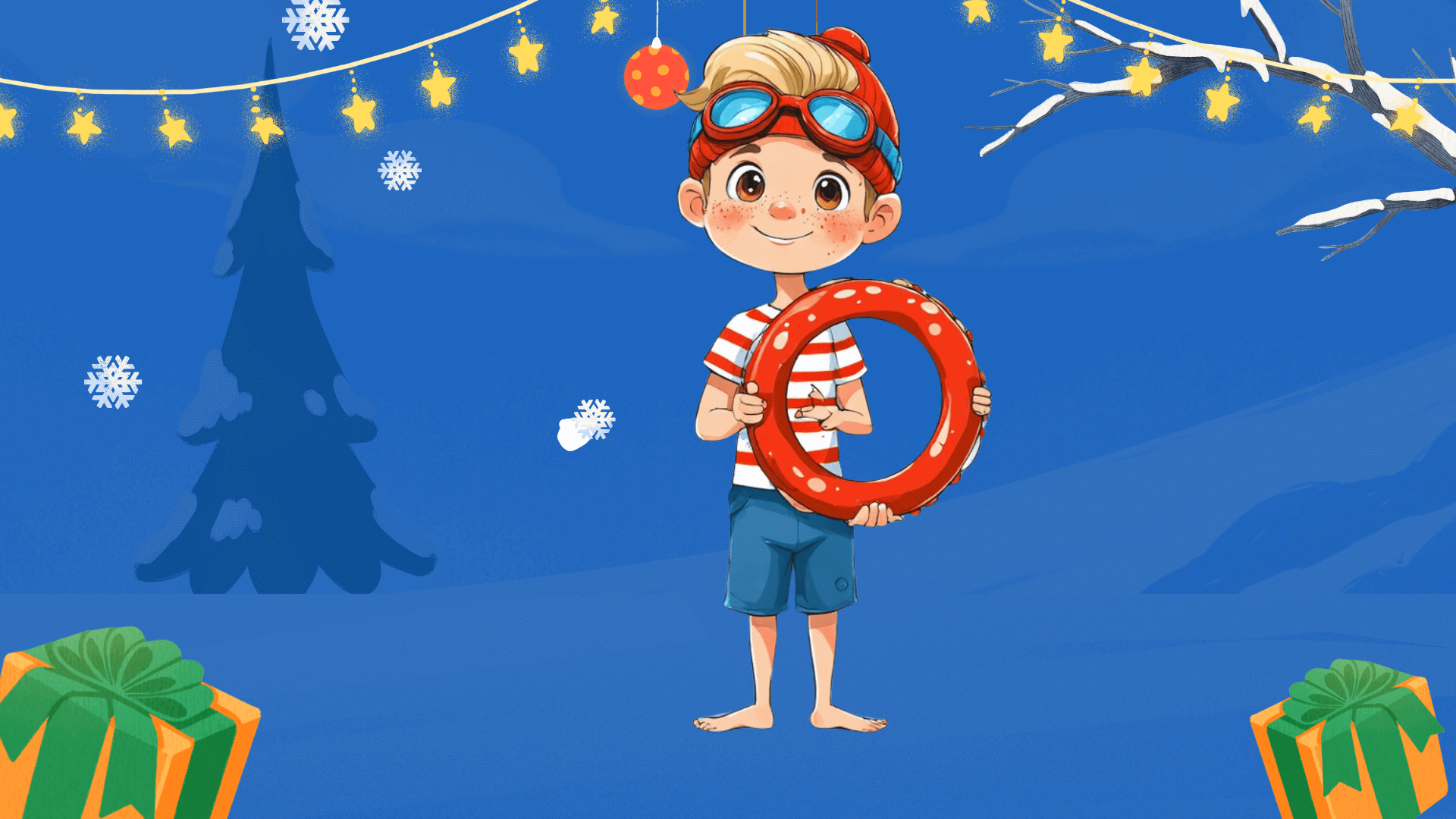 This festive illustration features a child standing in a snowy winter scene while holding a bright red lifebuoy with white polka dots. The child is dressed in a red-and-white striped shirt, blue shorts, and a red knit cap with goggles resting on their head, adding a playful and adventurous touch. The background is adorned with glowing star-shaped string lights, snowflakes, and festive ornaments. Wrapped gifts with green bows sit at the bottom corners, enhancing the holiday cheer. The deep blue backdrop creates a magical contrast, blending winter and summer vibes seamlessly.