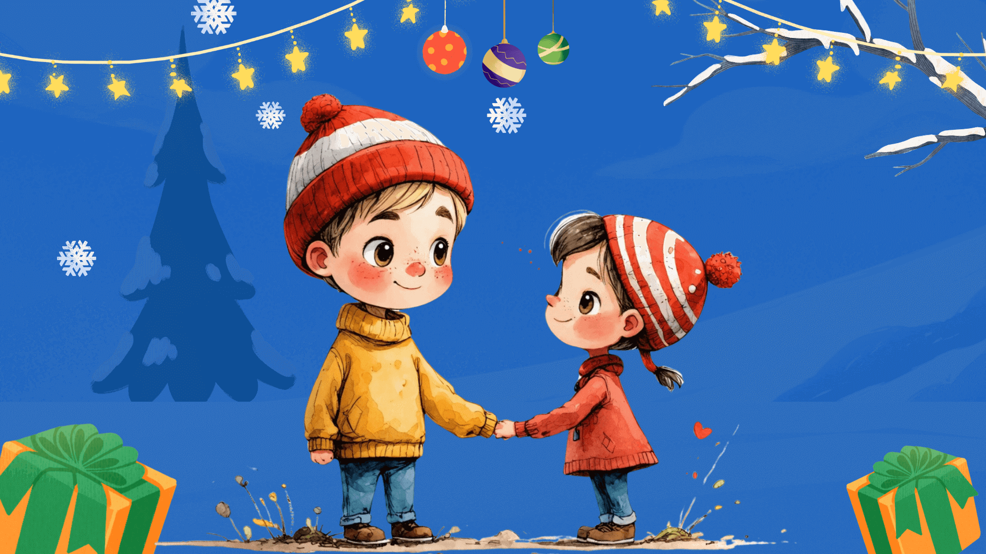 This heartwarming illustration captures two children holding hands in a snowy winter scene. The child on the left wears a yellow turtleneck sweater, blue jeans, brown boots, and a red-and-white knit hat, while the child on the right is dressed in a red coat, blue jeans, brown boots, and a matching red-and-white striped hat with a pom-pom. They exchange warm smiles, creating a sweet and joyful connection. The background features a snow-covered tree, glowing star-shaped string lights, ornaments, and snowflakes, enhancing the festive atmosphere. Wrapped gifts with green bows sit at the bottom corners, adding to the holiday charm.