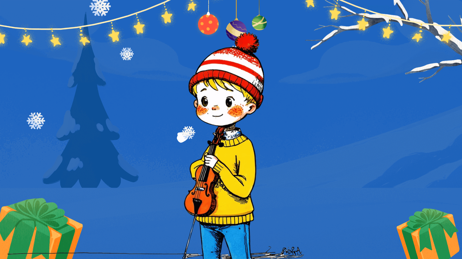 This festive illustration shows a child standing in a snowy winter setting, holding a small violin. The child wears a yellow sweater, blue pants, and a red-and-white striped knit hat with a pom-pom, exuding warmth and cheer. The background features a glowing blue sky, a snow-covered tree, decorative star-shaped string lights, colorful hanging ornaments, and softly falling snowflakes. Wrapped gifts with green bows in the foreground add a festive holiday touch to the charming scene.